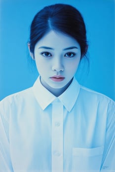 A woman in a white shirt with blue background photo