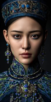 A woman in traditional chinese clothing with blue jewelry photo