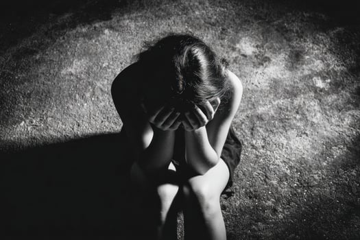 A woman sitting on the ground with her hands on her face photo