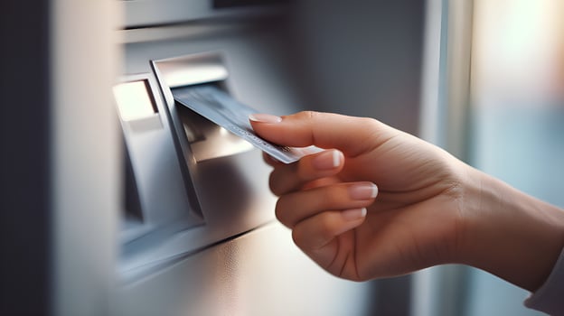 Woman withdrawing money using credit card at atm photo
