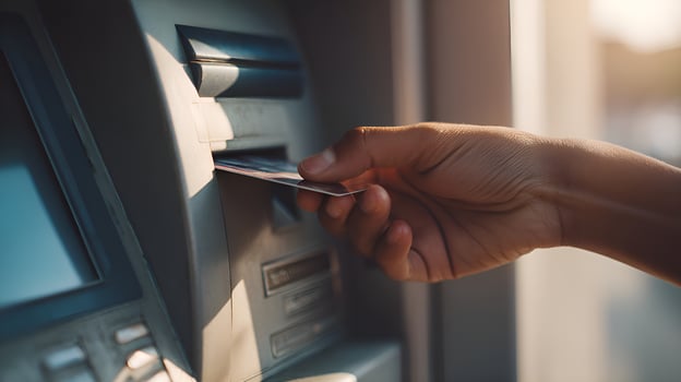 Customer inserting credit card into atm for banking transaction photo