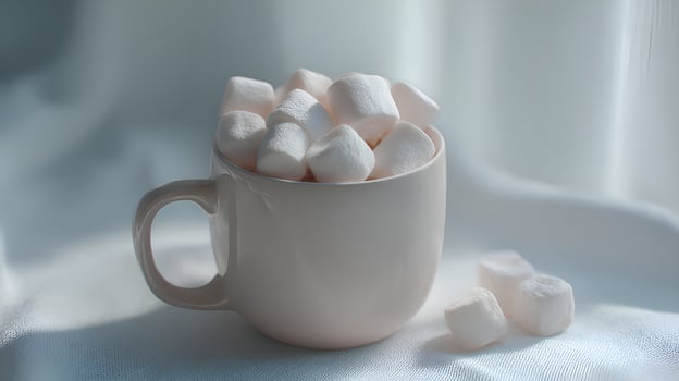 Pink mug overflowing with delicious white marshmallows on soft light blue textured background photo