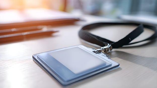 Blank identification card lying on desk with notebook and pens in background photo