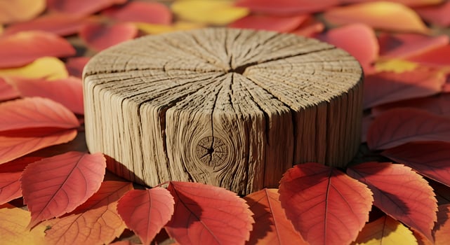 Wooden Log Cross Section Surrounded by Red and Yellow Fall Leaves photo