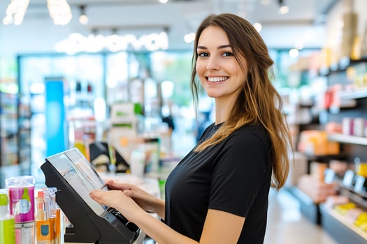 Smiling cashier working at store checkout photo