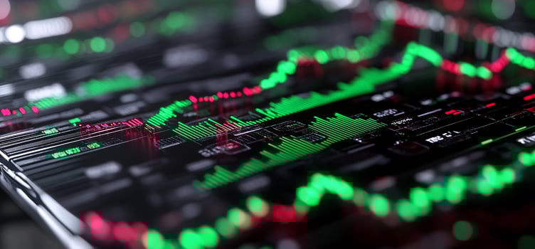 Stock market data screen green, red charts financial news background photo