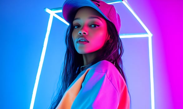 Woman, neon lights, studio, pose, fashion photo