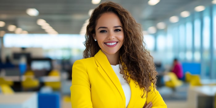 Confident businesswoman smiles in office photo