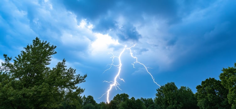 Lightning strike over trees, summer storm, nature photo