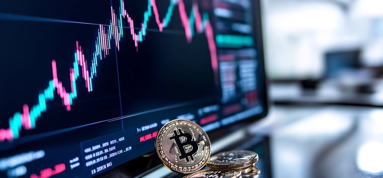 Crypto market graph on screen, Bitcoin coins photo