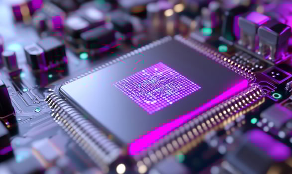 Closeup of CPU, glowing circuit board, technological background, data processing illustration photo