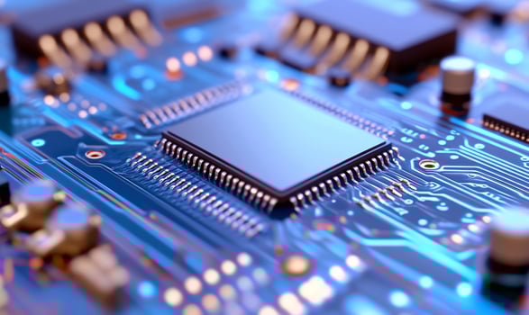 Closeup CPU on circuit board, glowing blue technology photo