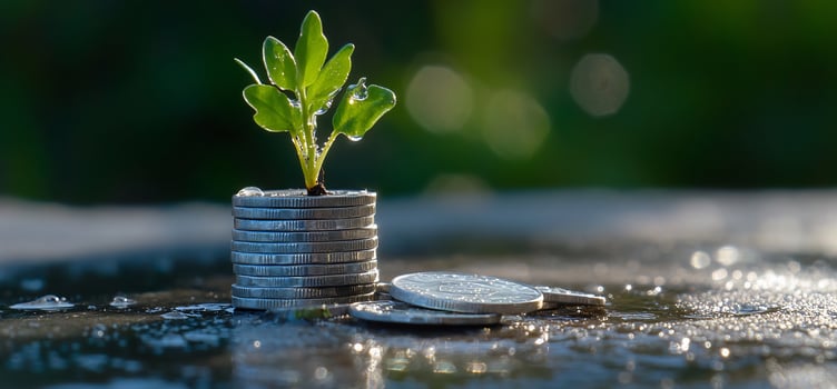 Plant sprouting from coins, outdoors, bokeh background, financial growth photo