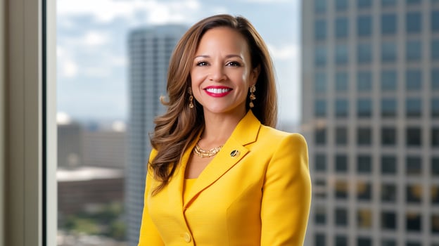 Businesswoman smiles, city view. Professional headshot, corporate website photo