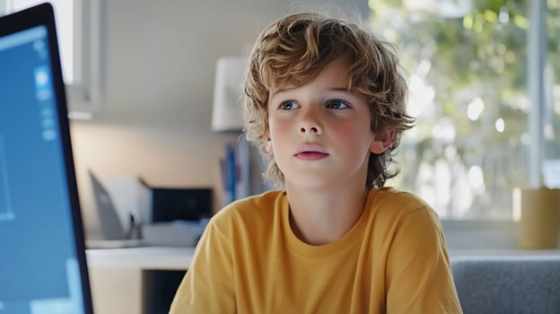 Boy thoughtfully looking at computer screen, home office background, education photo