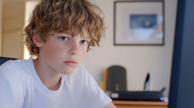 Boy, serious expression, home office, computer photo