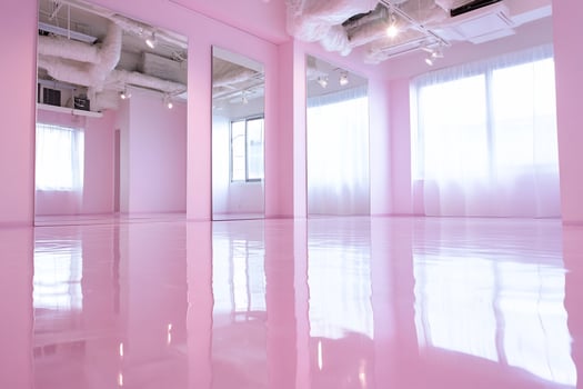Pink dance studio interior, bright, spacious, floor reflections photo
