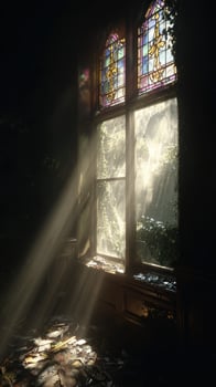 Broken stained glass window, sunlight, ruined mansion, dust, abandoned, dramatic light photo