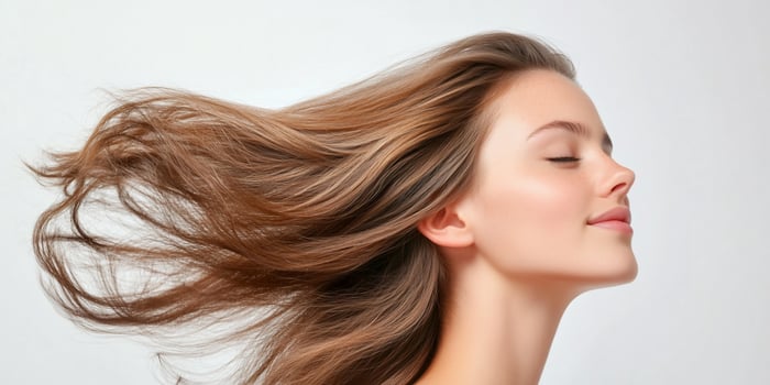 Womans flowing hair, profile view, studio shot, smooth skin photo