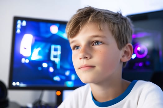Boy gaming, home computer, focused, blue light photo