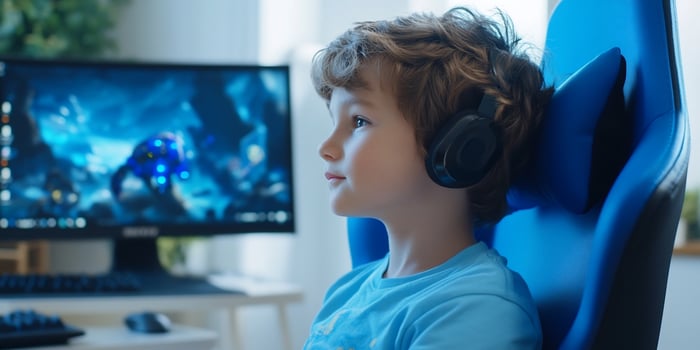 Boy plays game at home photo