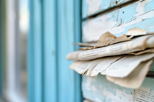 Old newspapers leaning against weathered blue wood siding photo