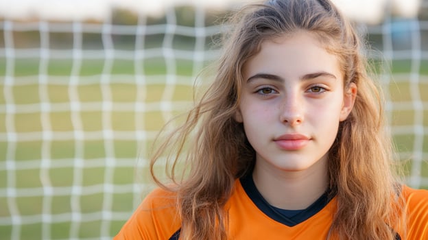 Girl soccer player portrait, field background, sport photo
