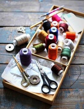 thread and material for handicrafts in box on a wooden background photo