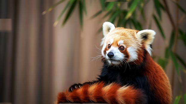 Adorable red panda sitting among bamboo photo