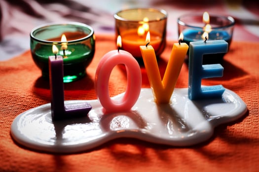 Colorful love candles lit on a white dish with tealight candles photo