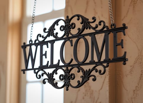 Elegant black metal welcome sign with ornate scrollwork hanging indoors photo