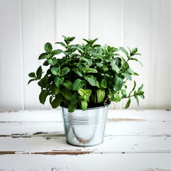 Fresh green mint potted on white shabby wooden background photo