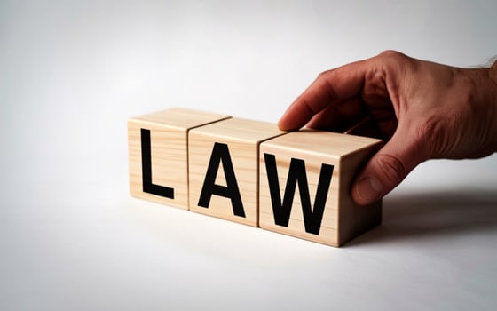 Wooden blocks spell out the word law held by a hand photo