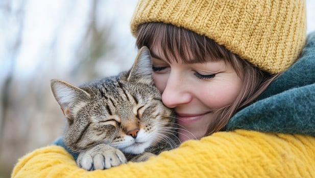 Woman hugs cat outdoors, winter trees background, pet love photo
