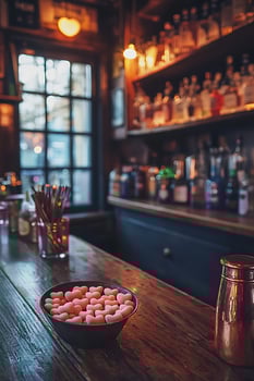 Pink Heart-Shaped Candies on a Rustic Wooden Bar Counter in a Dimly Lit Bar. photo