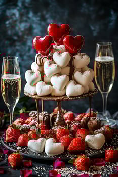 Delicious Valentine's Day Chocolate Fondue with Strawberries and Marshmallow Hearts. photo