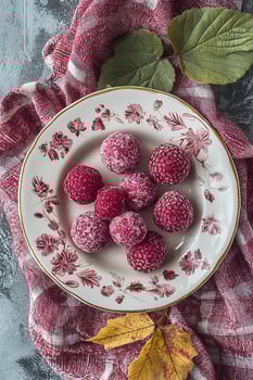 Frozen Raspberries on a Vintage Plate with Autumn Leaves. photo