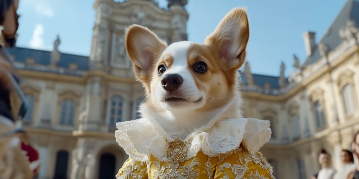 Corgi in royal costume at palace photo