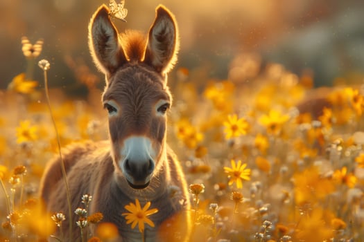 Adorable donkey foal posing in a field of yellow flowers with butterfly on its head photo