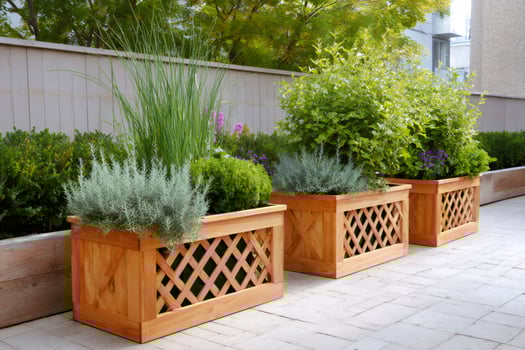 Lush greenery thriving in stylish wooden planters enhancing a modern patio photo