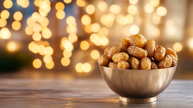 Dates in bowl, festive lights, wooden table, Ramadan photo