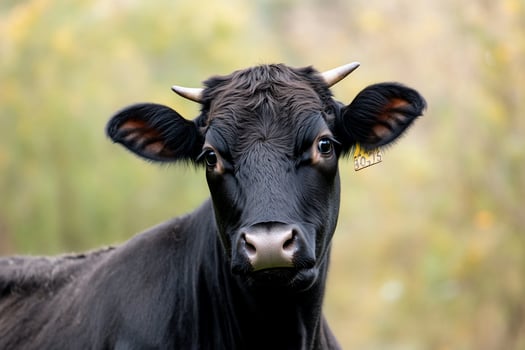 Black cow portrait, autumn field, farm animal photo