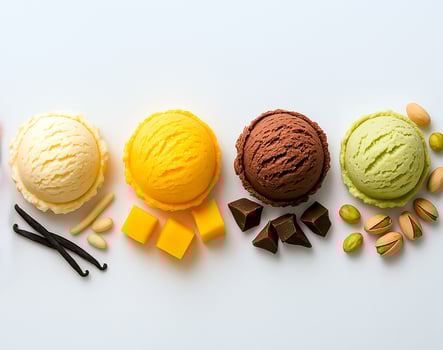A vibrant assortment of ice cream scoops, each paired with its key ingredients on white background. Features vanilla, mango, chocolate, pistachio flavors. For illustrating concepts related to desserts photo
