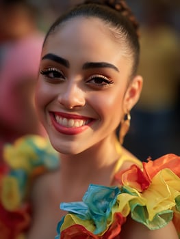 Portrait of a Smiling Woman in a Colorful Festive Outfit. A close up image showcasing vibrant clothing and a joyful expression. photo