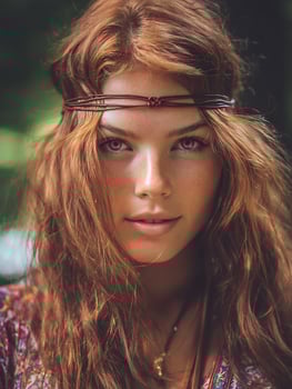 Portrait of a Young Woman with Long Red Hair and Headband. A close up image showcasing natural beauty and bohemian style. photo