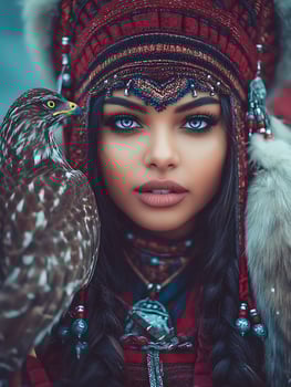 A captivating portrait of a woman in traditional Native American attire with a hawk. photo