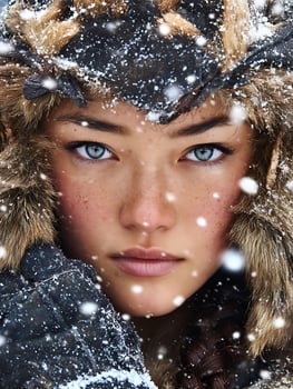 Close Up Portrait of a Young Woman in a Fur Hood During a Snowfall. photo