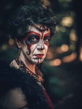 Close up portrait of a woman with dramatic face paint, reminiscent of ancient tribal designs. photo