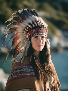 Portrait of a Young Woman Wearing a Native American Headdress. A close up image showcasing intricate details of the traditional attire. photo