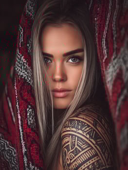 Close up portrait of a young woman with blonde hair and a shoulder tattoo, partially covered by a red and gray blanket. photo